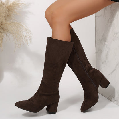 Wide Pointed Toe Chunky Heel Below The Knee Long Boots