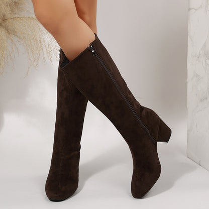 Wide Pointed Toe Chunky Heel Below The Knee Long Boots
