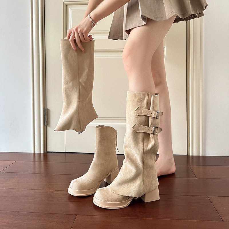 Removable Pile Style Boots Thick High Heel Platform High Leg Boot